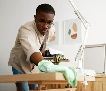 low-angle-man-servant-cleaning-table